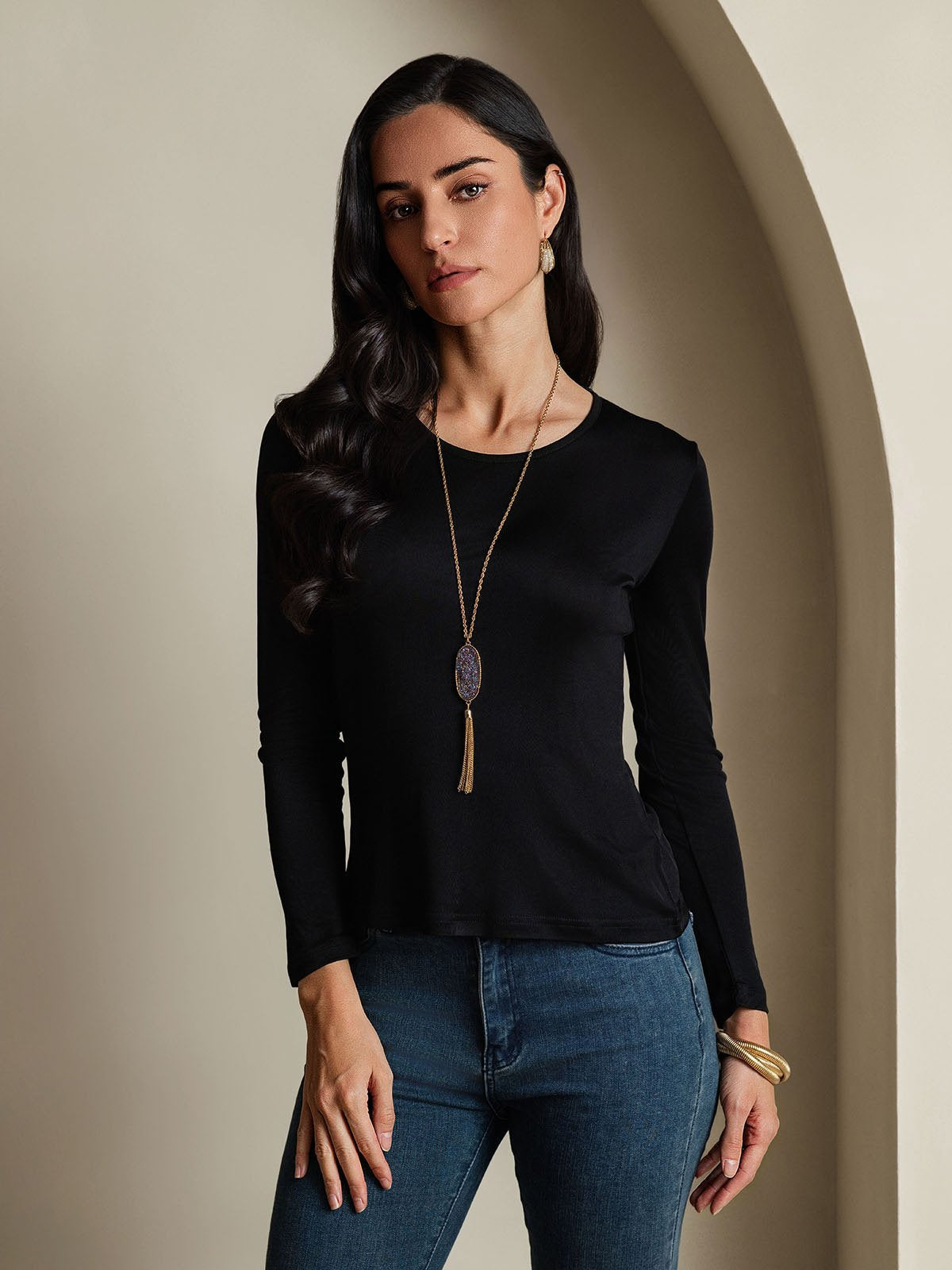 [أسود] SilkSilky-SA الحرير رقبة مستديرة تي شيرت نسائية 003,