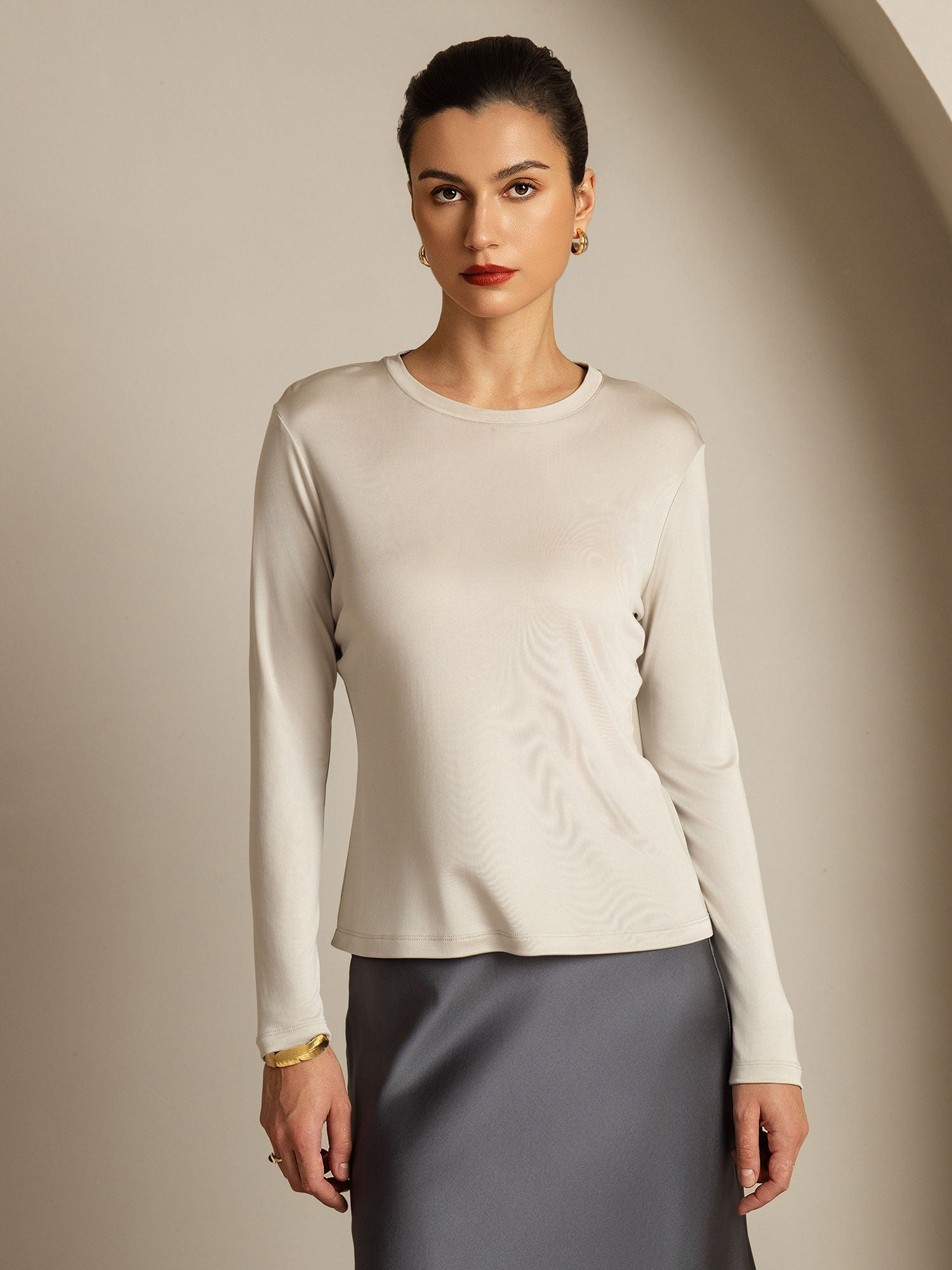 [رمادي] SilkSilky-SA الحرير الخالص Womens T-Shirt 003,