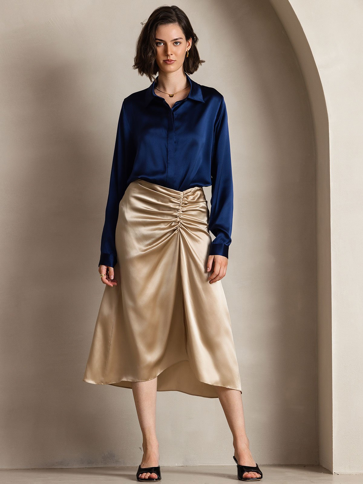 [أزرق غامق] SilkSilky-SA 19Momme الحرير الأكمام الطويلة Lapel Collar بلايز نسائية 001