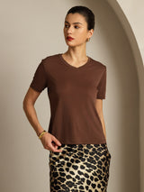 [قهوة] SilkSilky-SA Short Sleeve V Neck تي شيرت نسائية 007