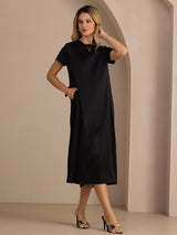 [أسود] SilkSilky-SA Short Sleeve Round Neck فساتين نسائية 004