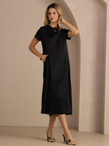 [أسود] SilkSilky-SA Short Sleeve Crew Neck فساتين نسائية 004