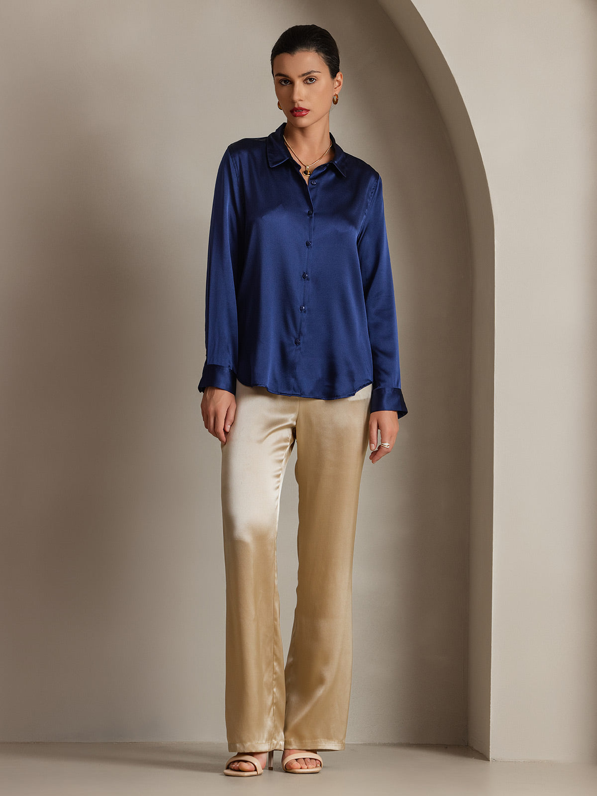 [أزرق غامق] SilkSilky-SA الحرير الأكمام الطويلة الياقة بلايز نسائية 004