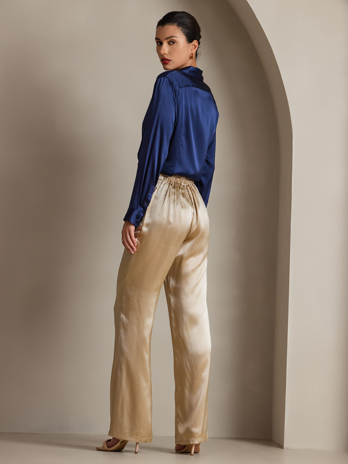 [أزرق غامق] SilkSilky-SA الحرير الأكمام الطويلة الياقة بلايز نسائية 002