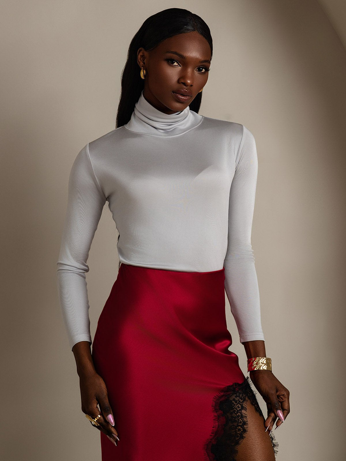 [رمادي فاتح] SilkSilky-SA الأكمام الطويلة ياقة مدورة تي شيرت نسائية 001