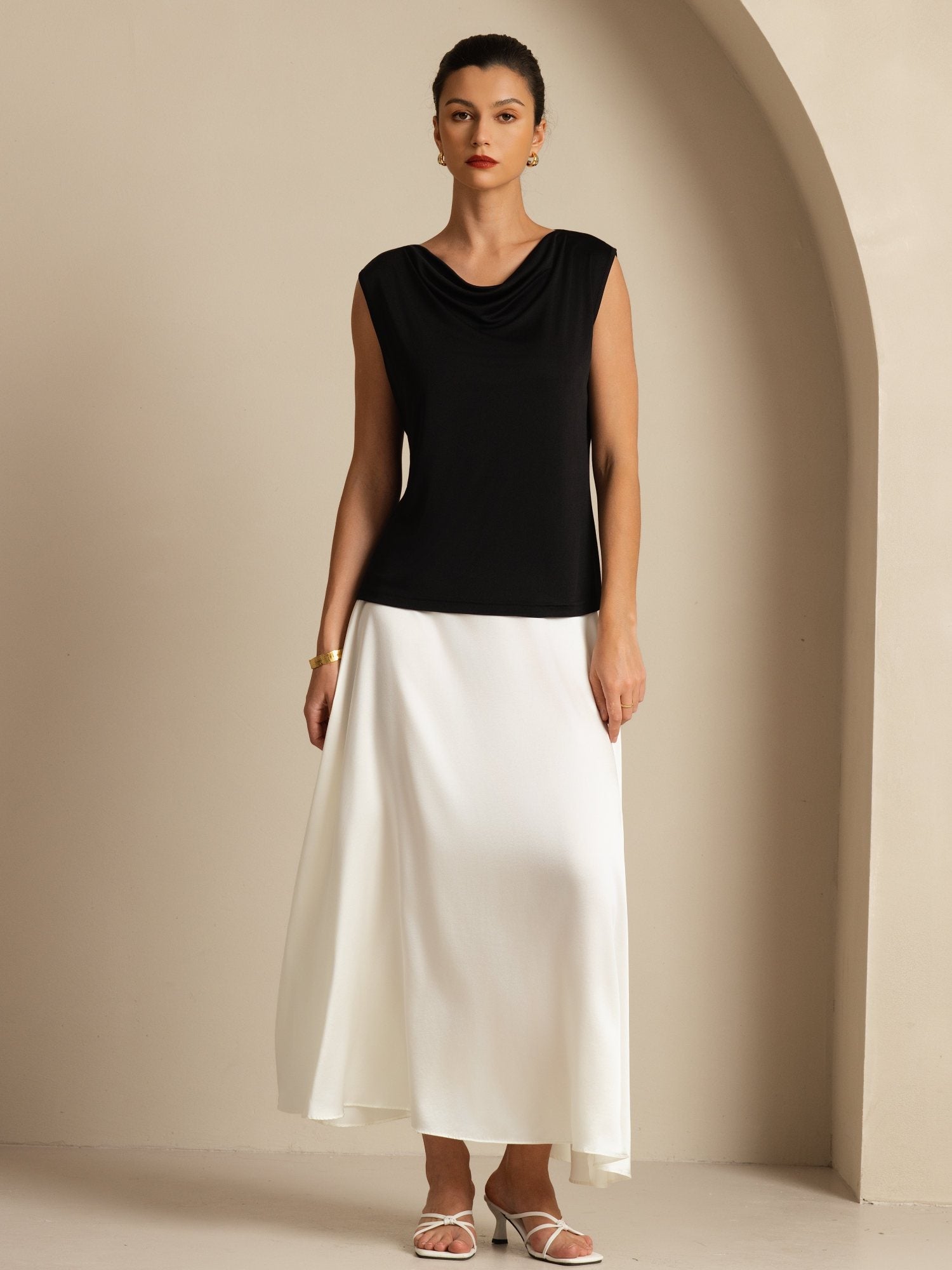 [أسود] SilkSilky-SA بدون أكمام ياقة متدلية تي شيرت نسائية 007