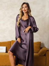 [رمادي أرجواني] SilkSilky-SA Long Sleeve V Neck رداء الحمام وقميص النوم 003