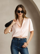 [لون القرنفل] SilkSilky-SA Short Sleeve Notch Collar بلايز نسائية 003