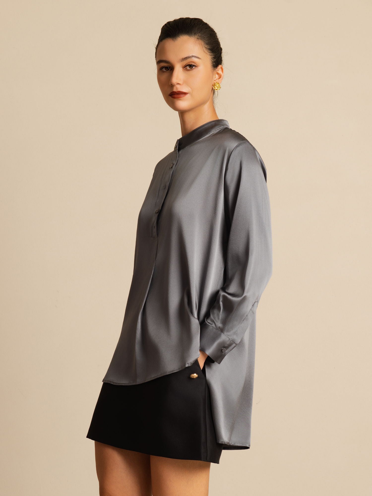 [الرمادي الداكن] SilkSilky-SA 19Momme الحرير الأكمام الطويلة ياقة القاع بلوزة 006