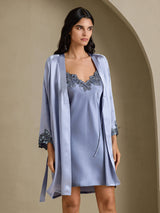 [الأزرق الصلب] SilkSilky-SA 3/4 Sleeve V Neck رداء الحمام وقميص النوم 003