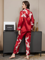 [احمر غامق] SilkSilky-SA Long Sleeve Lapel Collar طقم بيجامة نسائي 006
