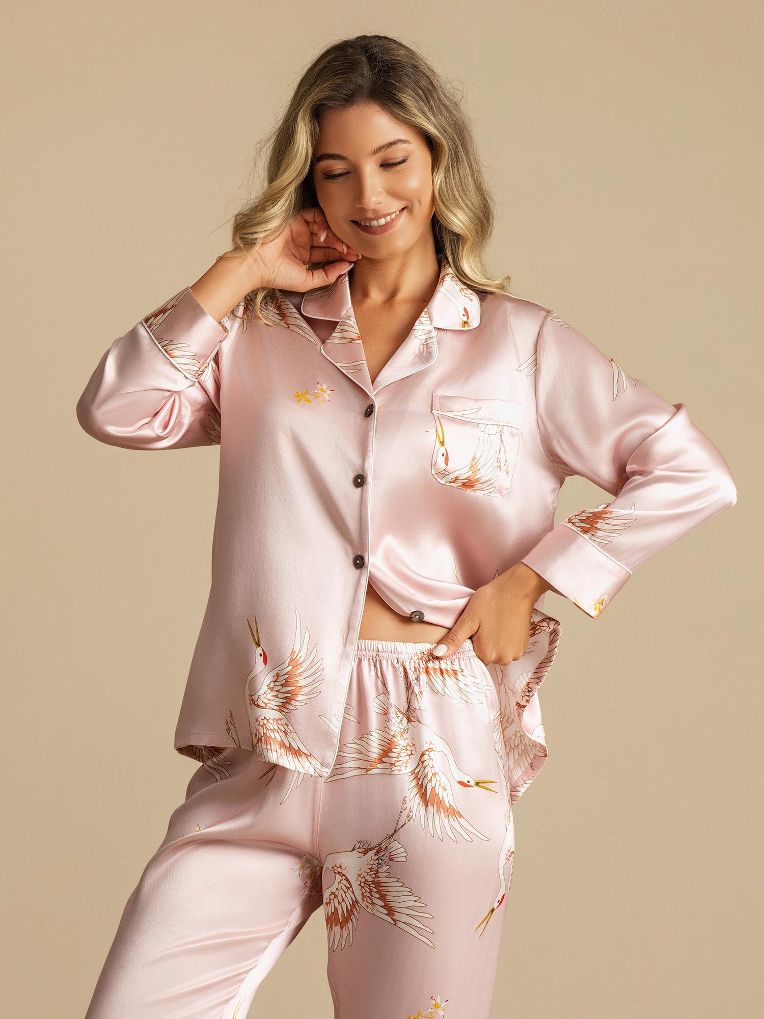 [لون القرنفل] SilkSilky-SA 19Momme الحرير الخالص Womens Pajamas 006
