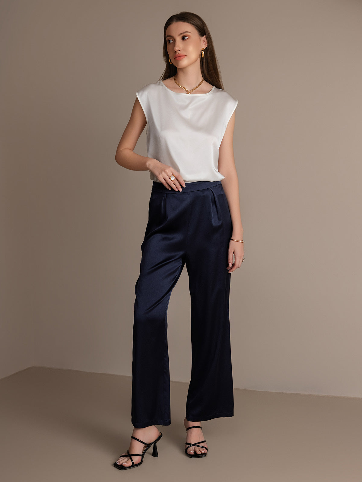 SilkSilky SA 19Momme الحرير Womens Pants أزرقغامق 005