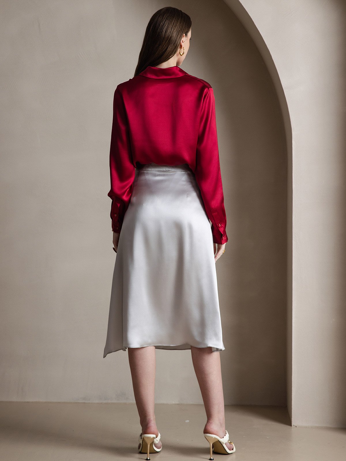 [خمر] SilkSilky-SA 19Momme الحرير الأكمام الطويلة Lapel Collar بلايز نسائية 004