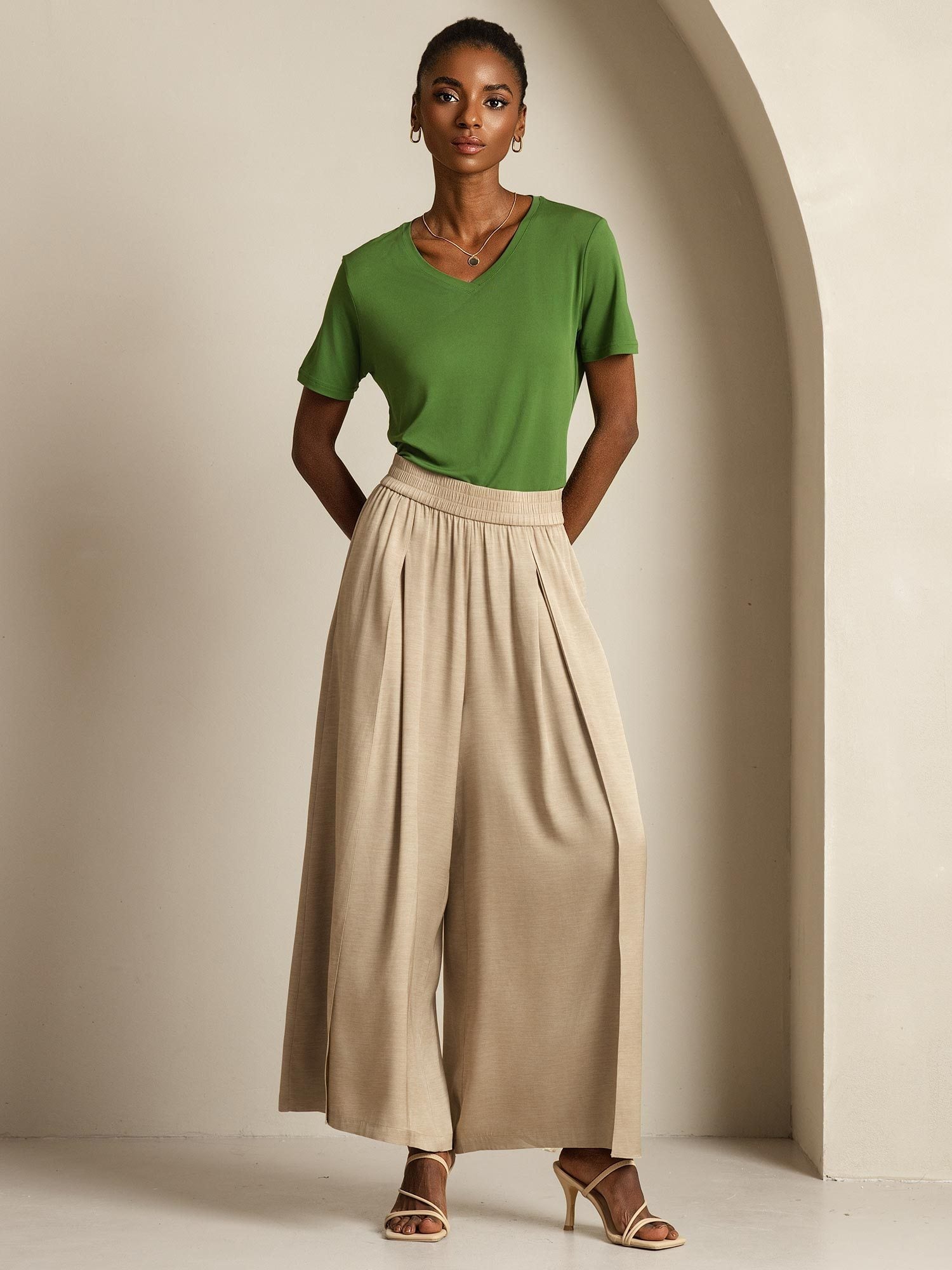 [تان(بنيفاتح)] SilkSilky-SA 19Momme الحرير Womens Pants 009