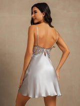 [أزرق رمادي] SilkSilky-SA Sleeveless Deep V Neck باس النوم 002