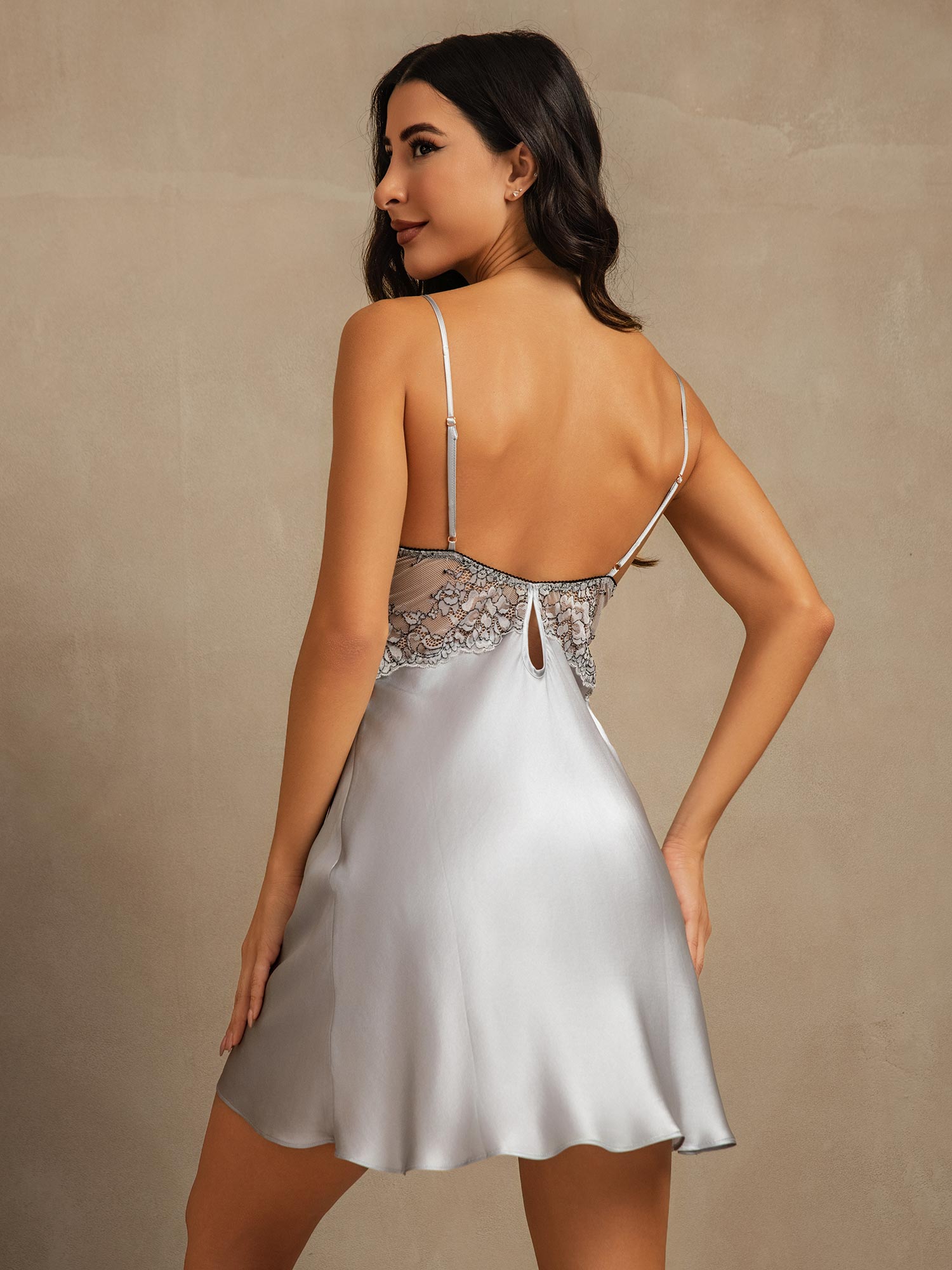 [أزرق رمادي] SilkSilky-SA الأشرطة السباغيتي رقبة على شكل حرف V باس النوم 002