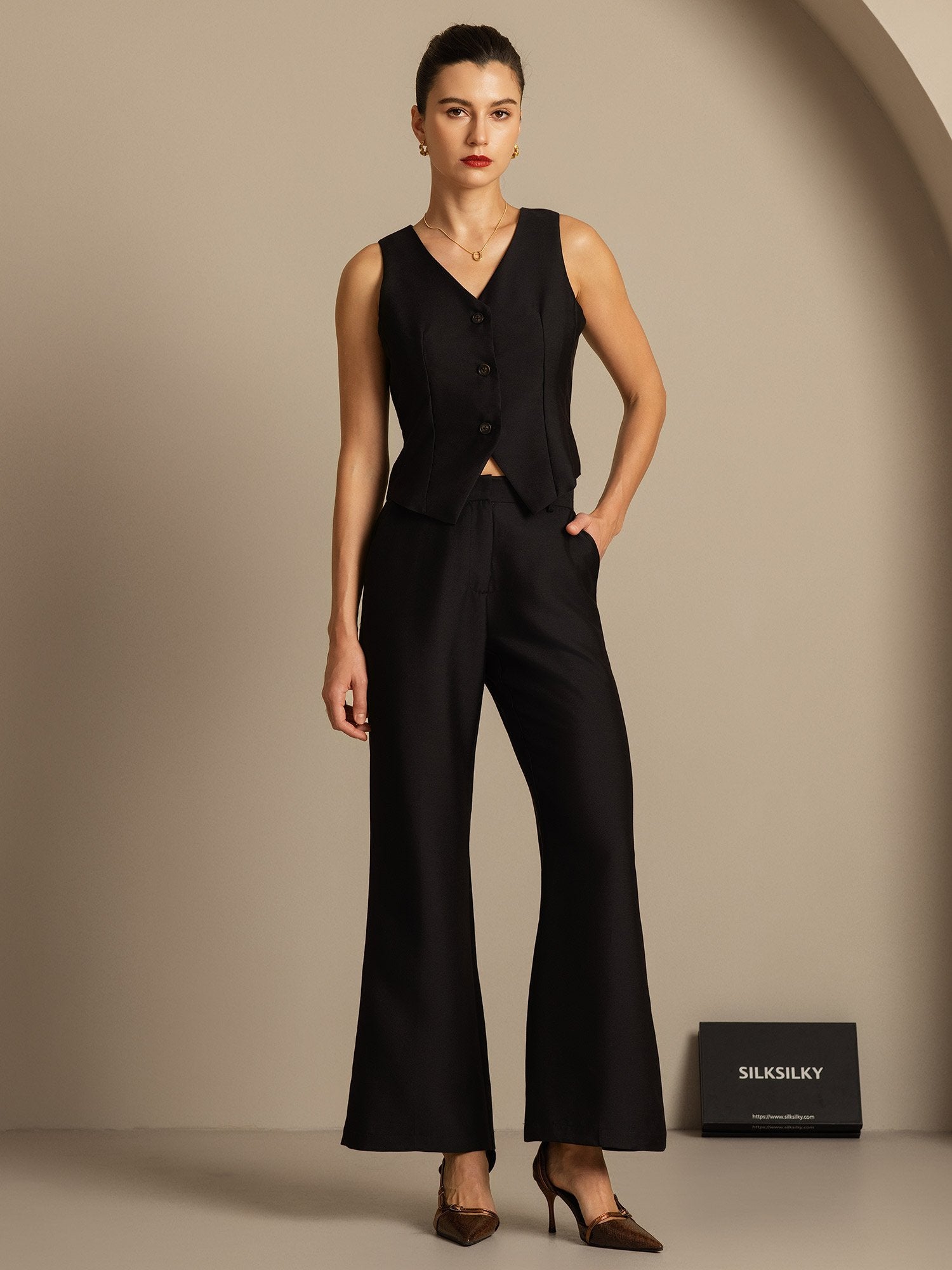 [أسود] SilkSilky-SA 32Momme الحرير Womens Pants 004,