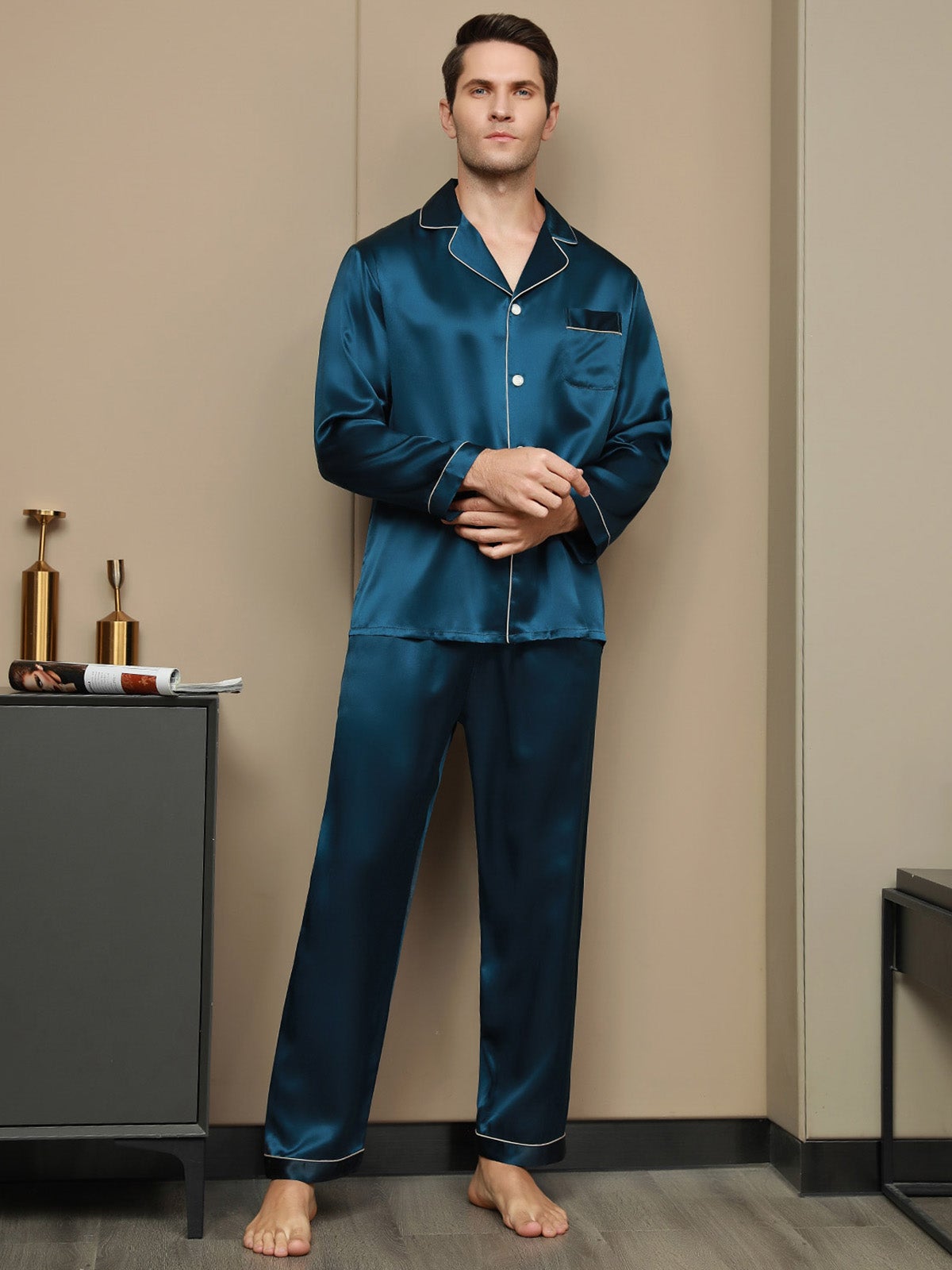 [المياه الخضراء] SilkSilky-SA 19Momme الحرير الخالص Mens Pajamas 001