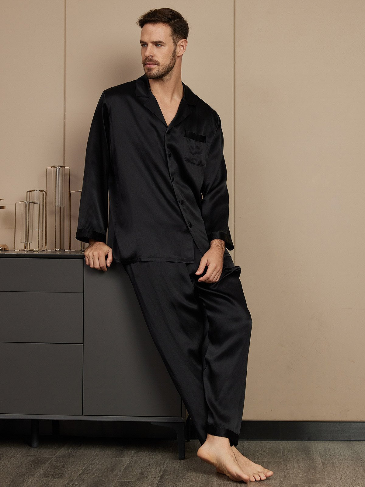 [أسود] SilkSilky-SA الحرير الخالص Mens Pajamas 004
