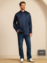 [أزرق غامق] SilkSilky-SA Long Sleeve Stand Collar قميص رجالي 008
