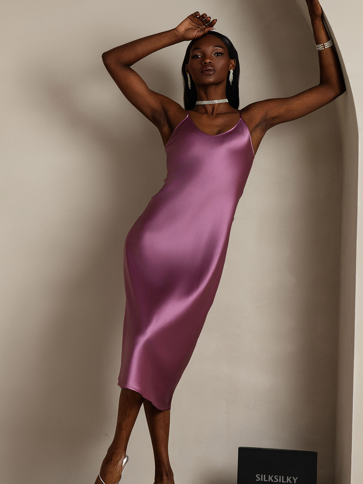 [الأرجواني الداكن] SilkSilky-SA الحرير الخالص رقبة مستديرة فساتين نسائية 001,