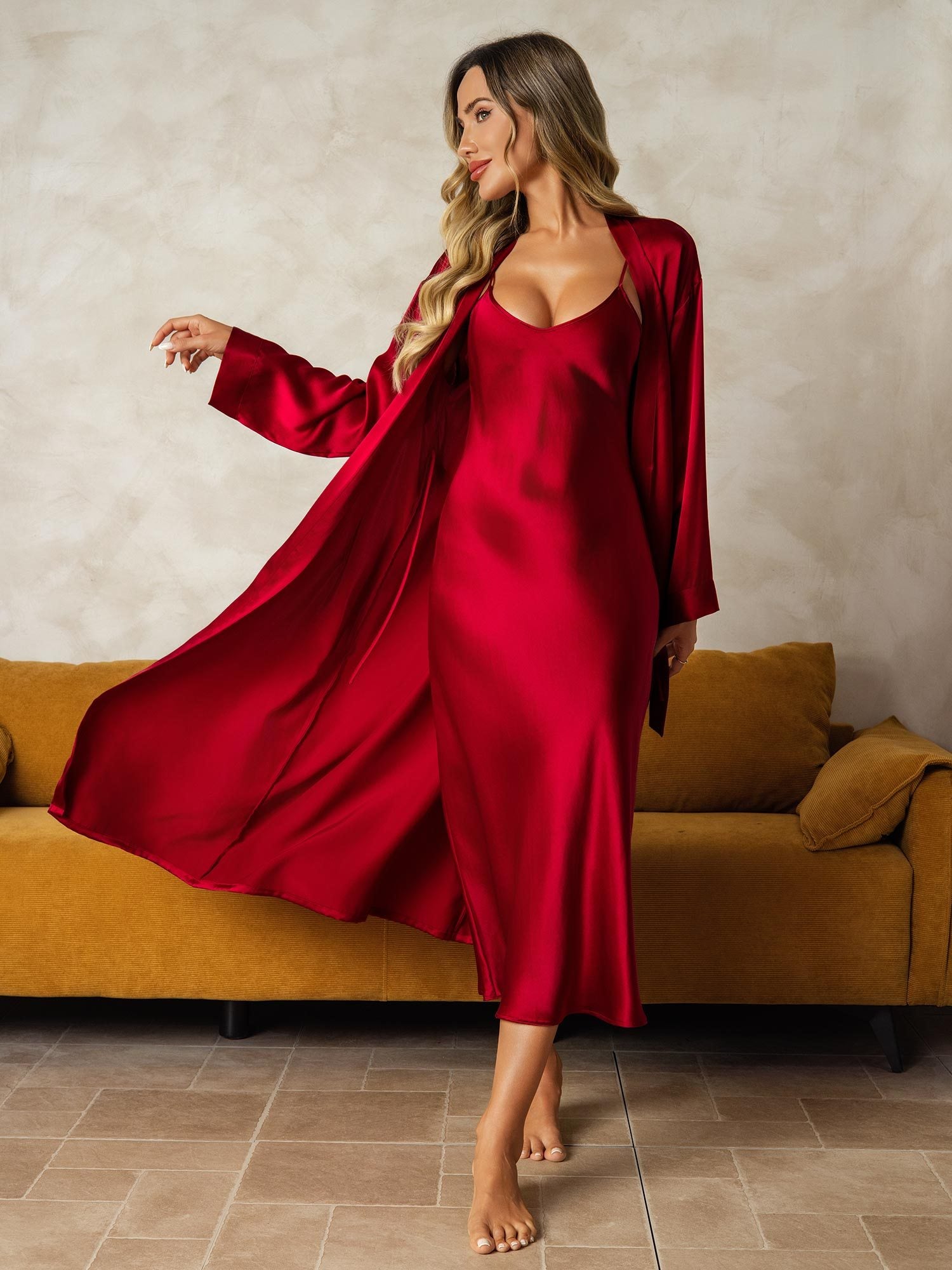 [خمر] SilkSilky-SA الحرير الخالص Wrap رداء الحمام وقميص النوم 001