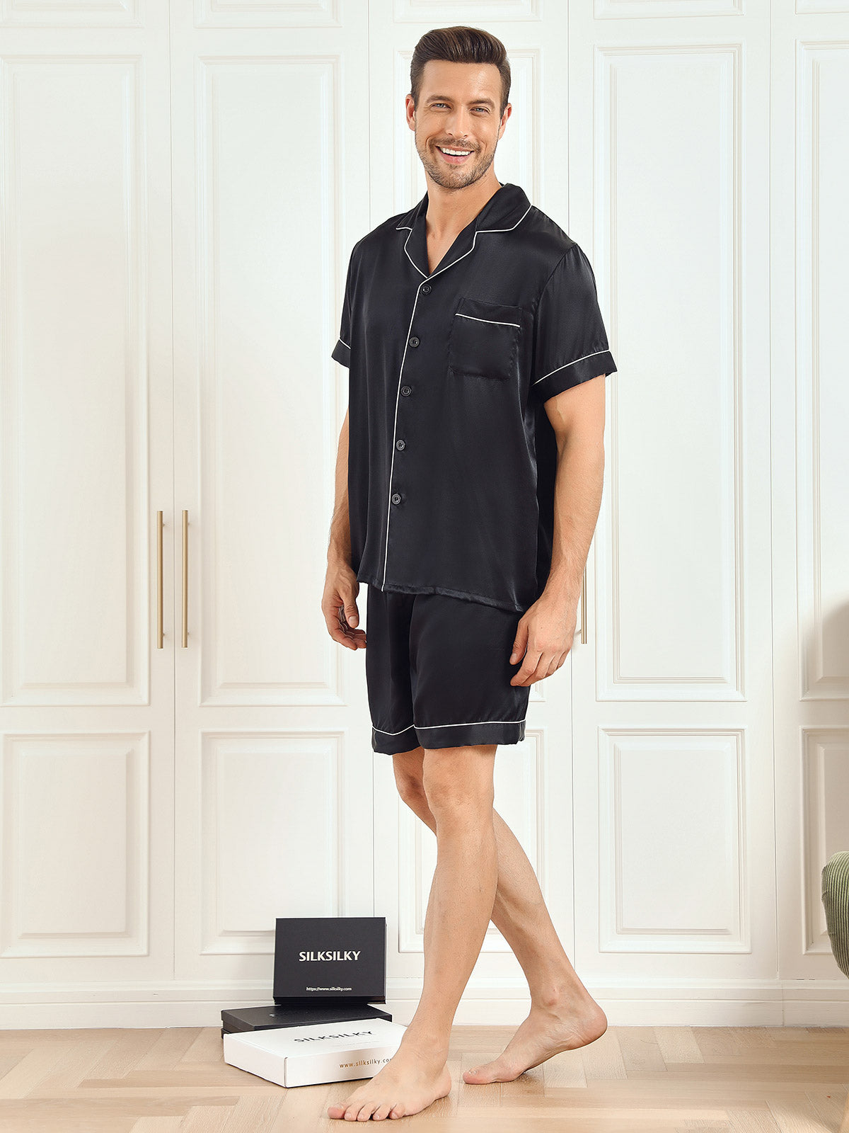 SilkSilky SA Pure Silk Short Sleeve Mens Pajamas أسود 004