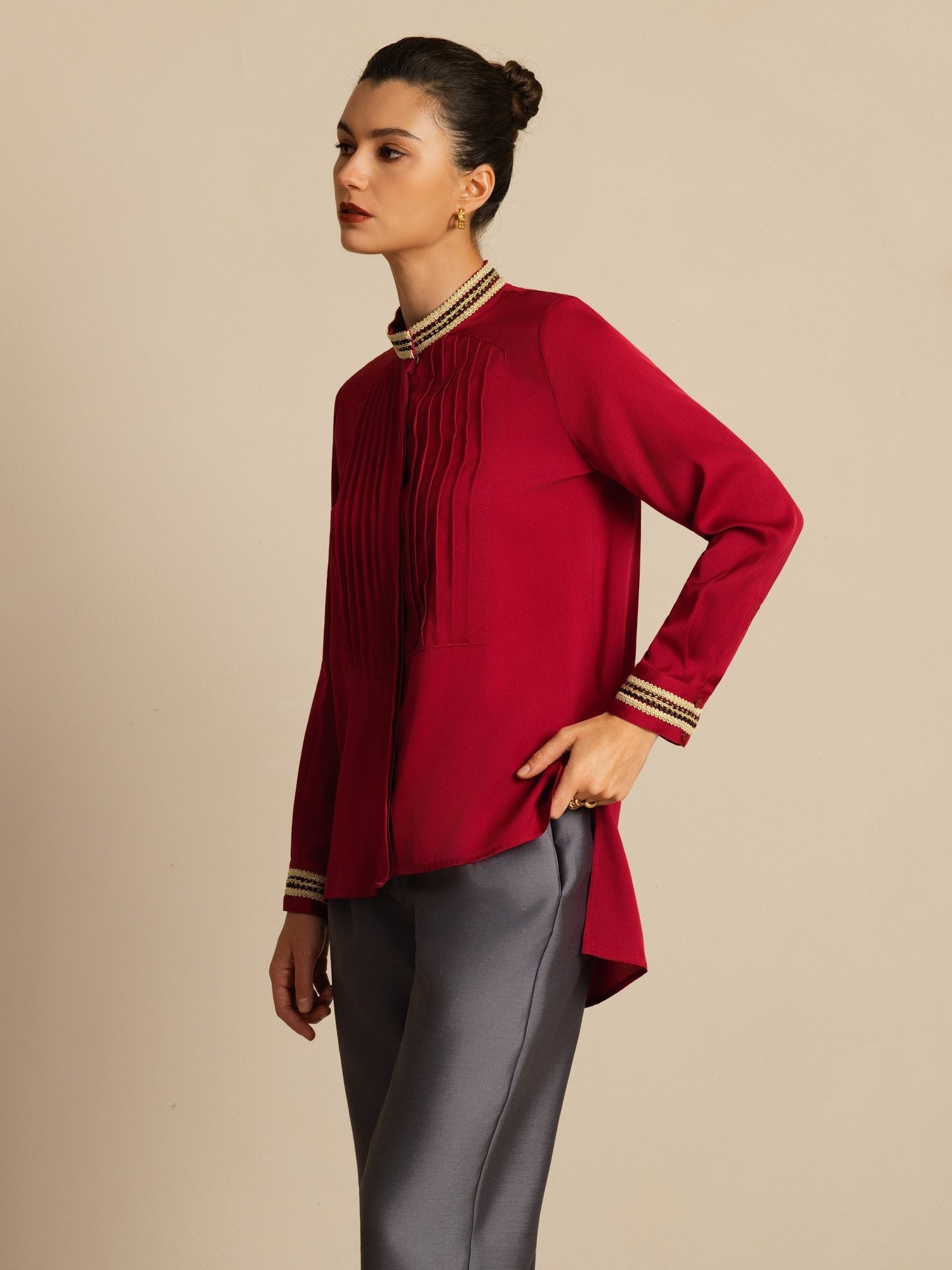 [خمر] SilkSilky-SA 19Momme الحرير الأكمام الطويلة ياقة القاع بلوزة 005