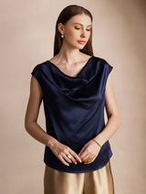 [أزرق غامق] SilkSilky-SA Cap Sleeve Cowl Neck تي شيرت نسائية 001