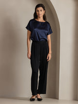 [أزرق غامق] SilkSilky-SA Short Sleeve Boat Neck تي شيرت نسائية 005
