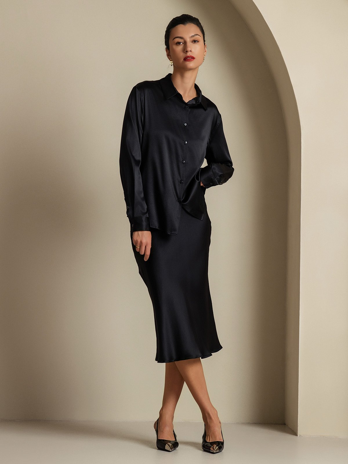 [أسود] SilkSilky-SA 19Momme الحرير Lapel Collar Women''s Outfit Sets 001,