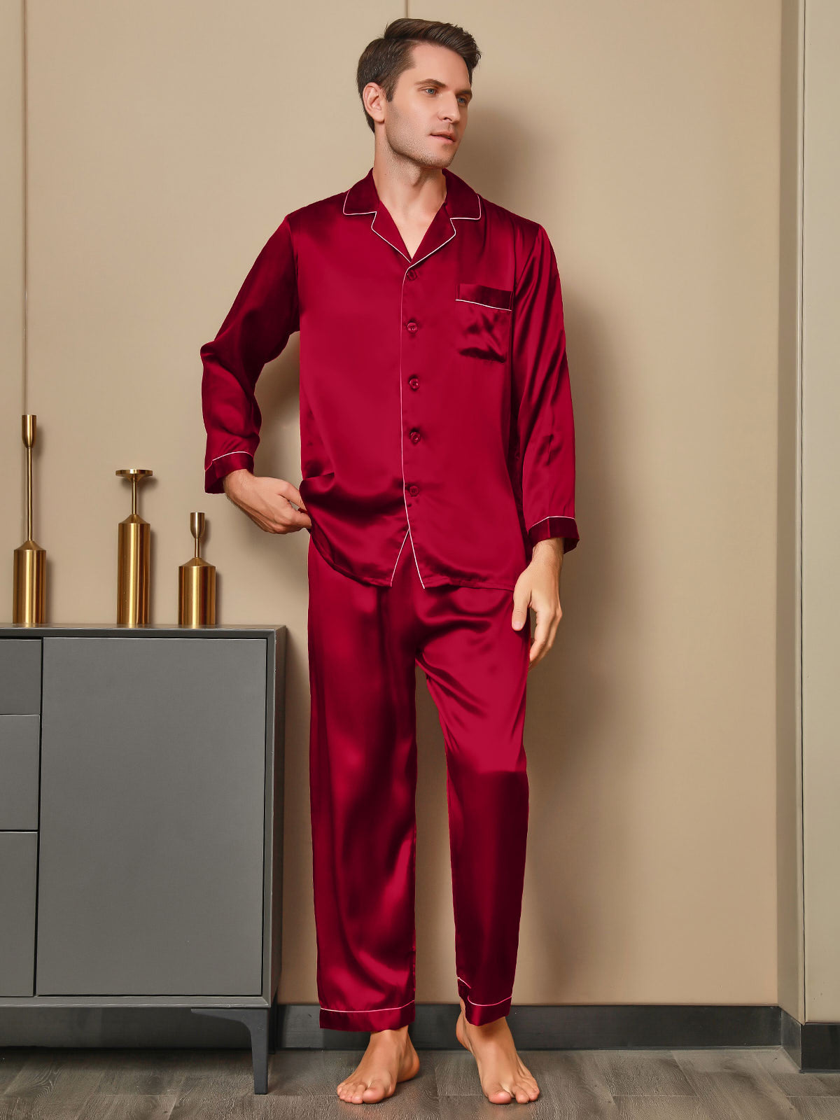 [أحمر] SilkSilky-SA 19Momme الحرير الخالص Mens Pajamas 003