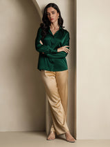 [أخضر غامق] SilkSilky-SA Long Sleeve Lapel Collar بلايز نسائية 008