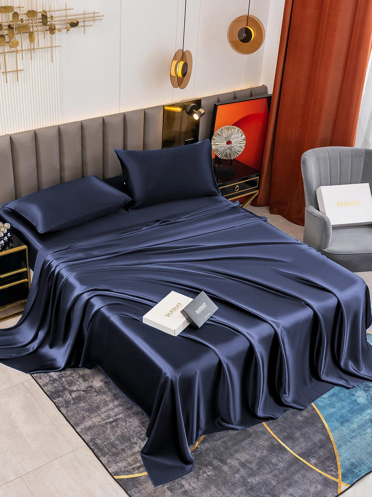 [أزرق غامق] SilkSilky-SA 19Momme Pure Silk Bedding Set 001