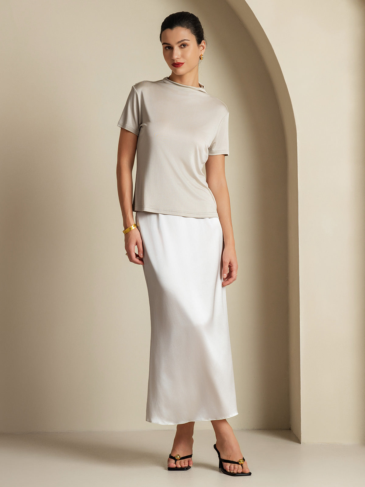 [رمادي فاتح] SilkSilky-SA 19Momme الحرير Skirt 007