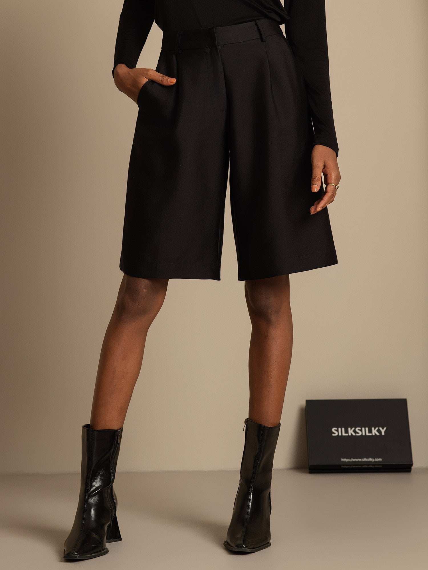 [أسود] SilkSilky-SA 32Momme الحرير Womens Shorts 003,