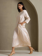 [اللون البيج] SilkSilky-SA 3/4 Sleeve Round Neck فساتين نسائية 007