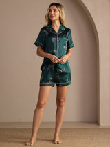 [حمار وحشي زمردي] SilkSilky-SA Short Sleeve Lapel Collar طقم بيجامة نسائي 006
