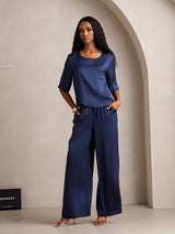 [أزرق غامق] SilkSilky-SA Half Sleeve Round Neck طقم بيجامة نسائي 006
