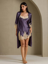 [رمادي أرجواني] SilkSilky-SA 3/4 Sleeve V Neck رداء الحمام وقميص النوم 009