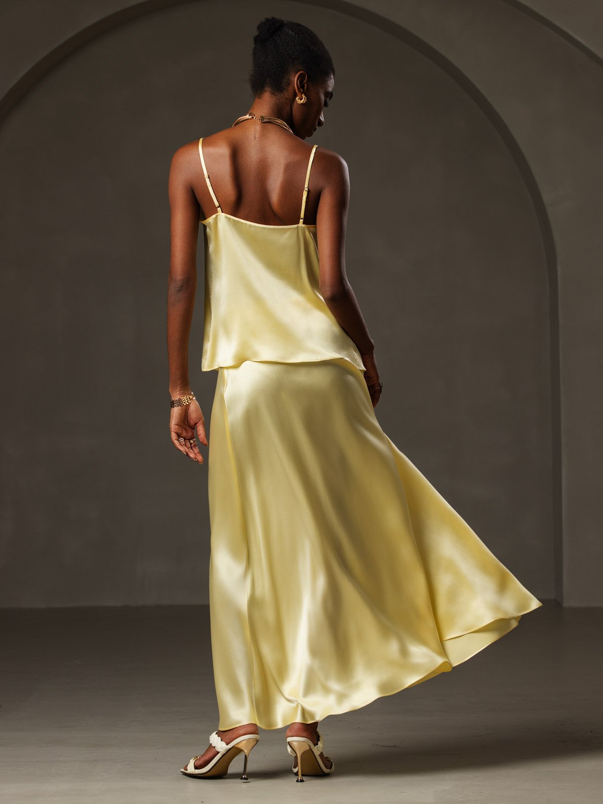 [أصفر] SilkSilky-SA 19Momme الحرير فتحة عنق بثنيات ملفوفة كامي 002