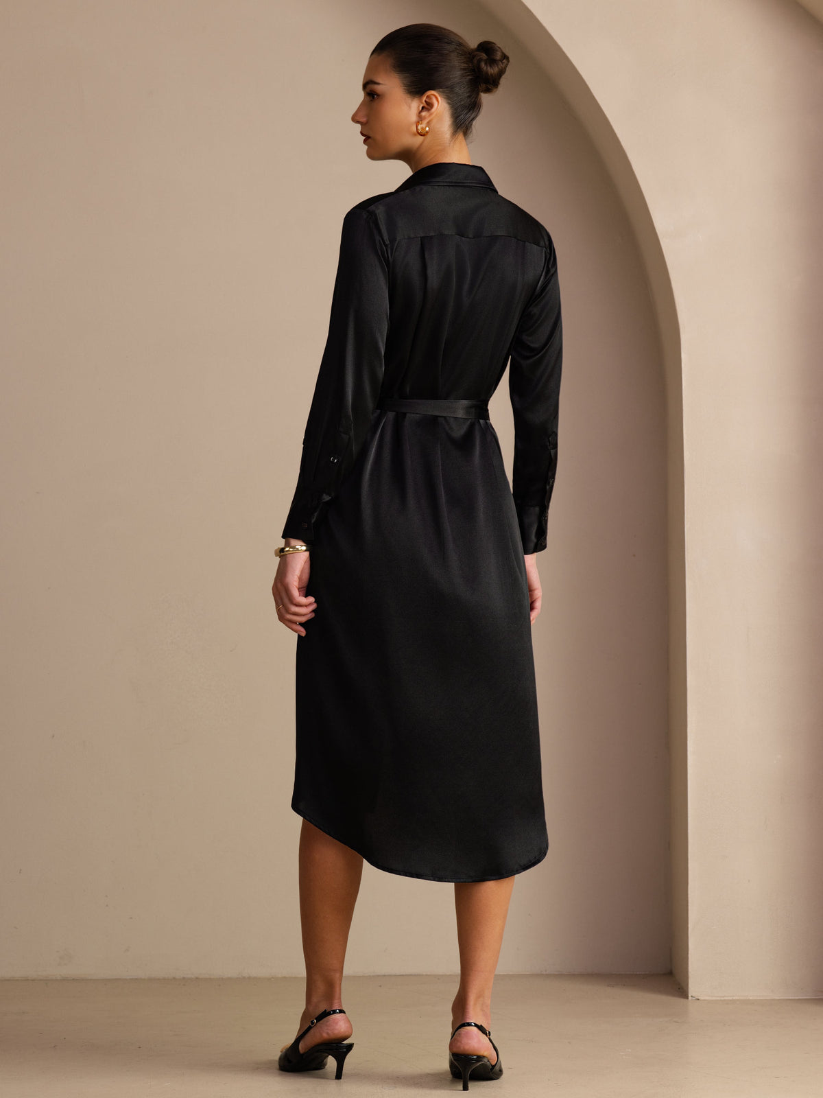 [أسود] SilkSilky-SA Long Sleeve Lapel Collar فساتين نسائية 002