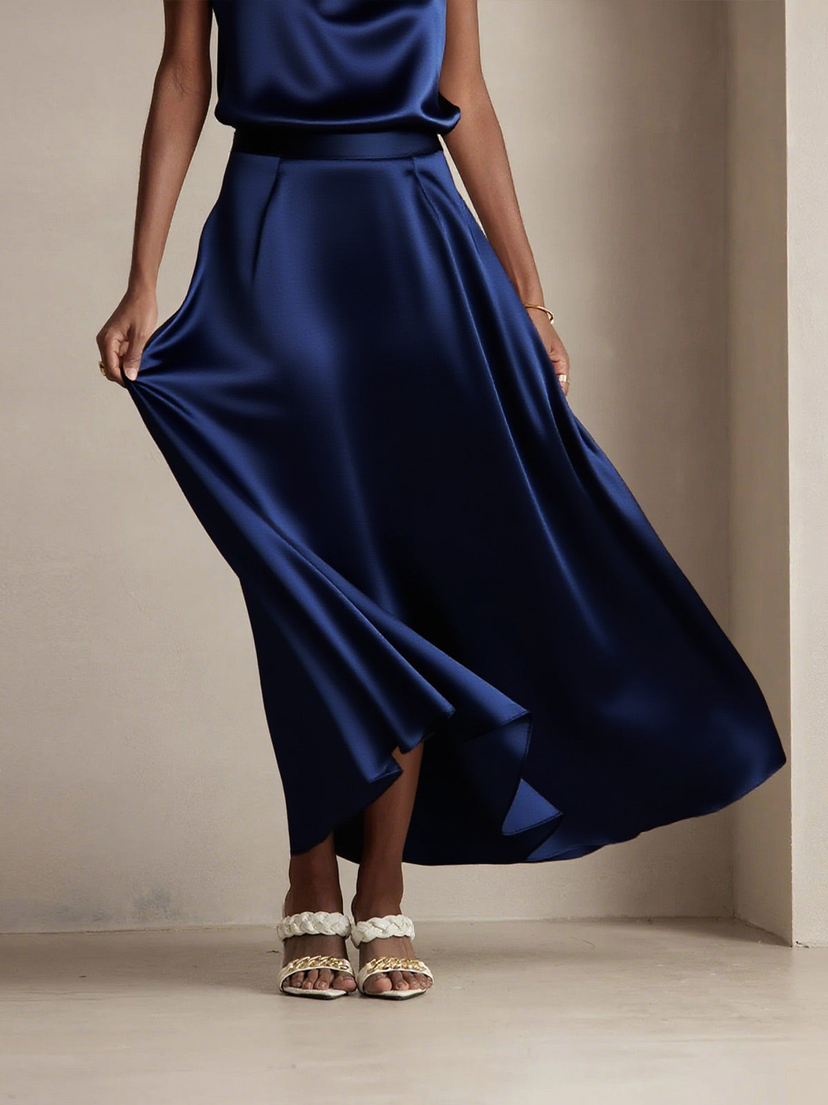 [أزرق غامق] SilkSilky-SA 19Momme الحرير Skirt 005