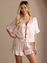 [لون القرنفل] SilkSilky-SA Short Sleeve V Neck طقم بيجامة نسائي 001