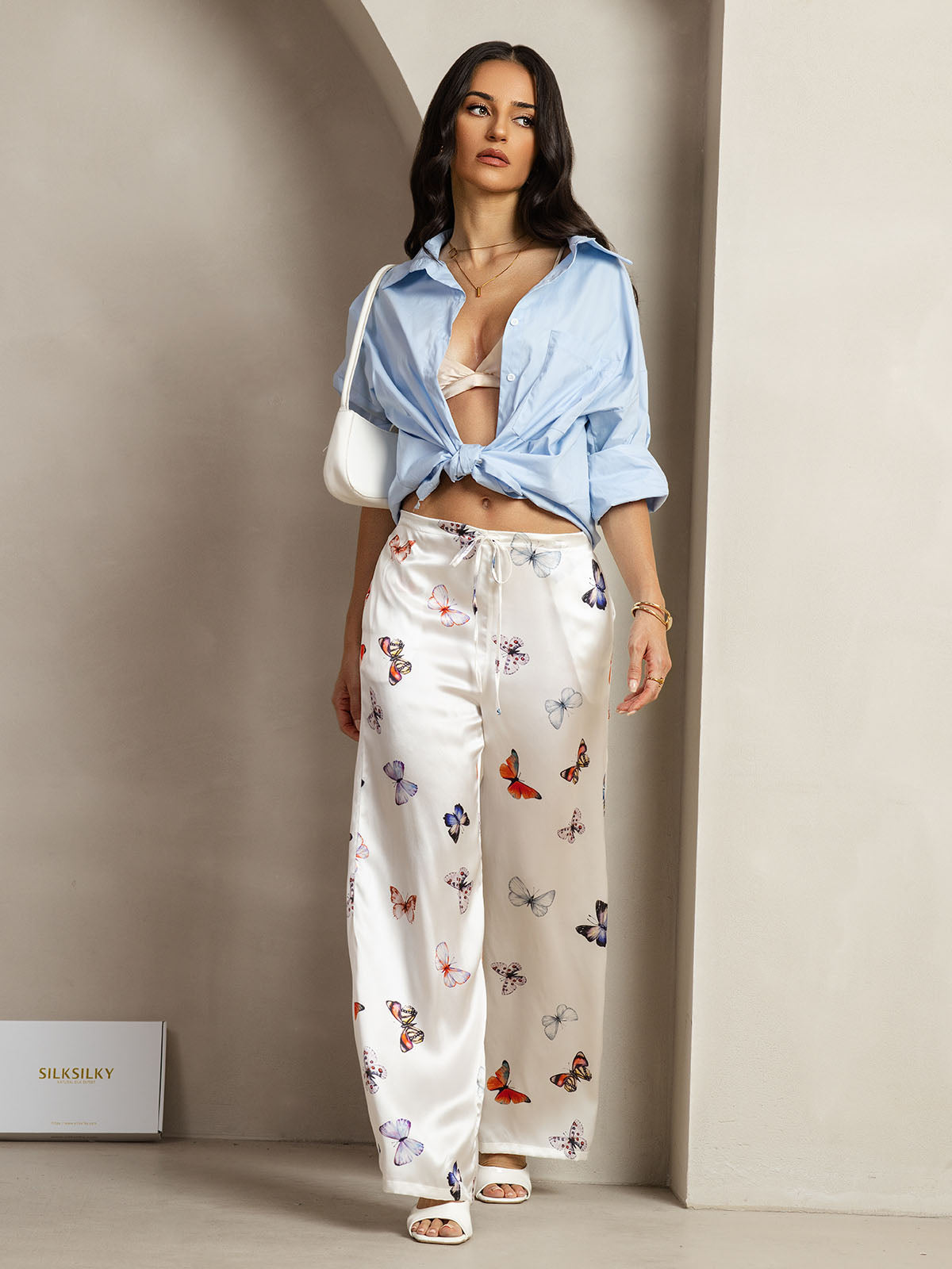 [فراشة بيضاء] SilkSilky-SA 19Momme الحرير Womens Pants 006