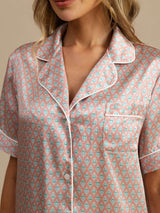 [قلب وردي هندسي] SilkSilky-SA Short Sleeve Lapel Collar طقم بيجامة نسائي 004