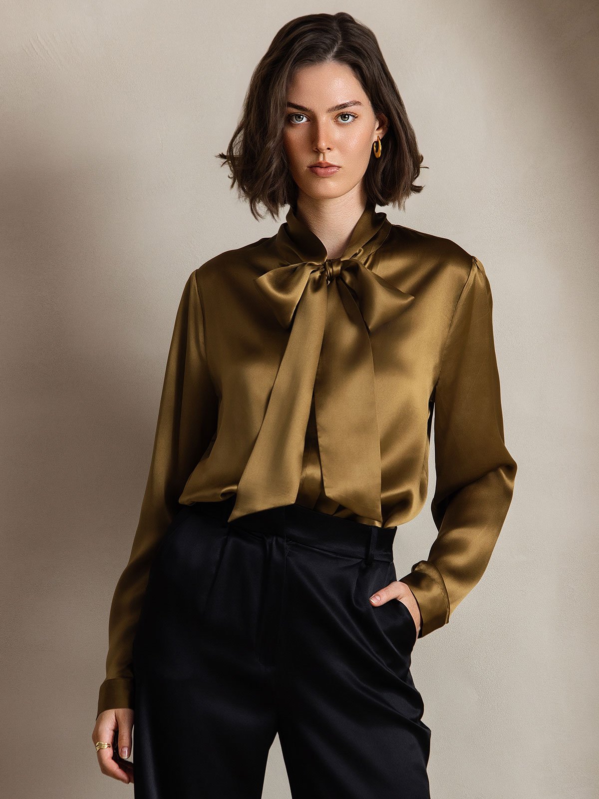 [بني] SilkSilky-SA 19Momme الحرير الأكمام الطويلة Blouse 006