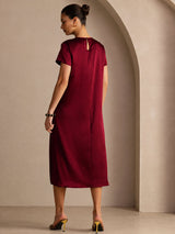 [احمر غامق] SilkSilky-SA Short Sleeve Crew Neck فساتين نسائية 002
