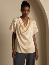 [شامبانيا] SilkSilky-SA Short Sleeve Cowl Neck بلوزات نسائية 001